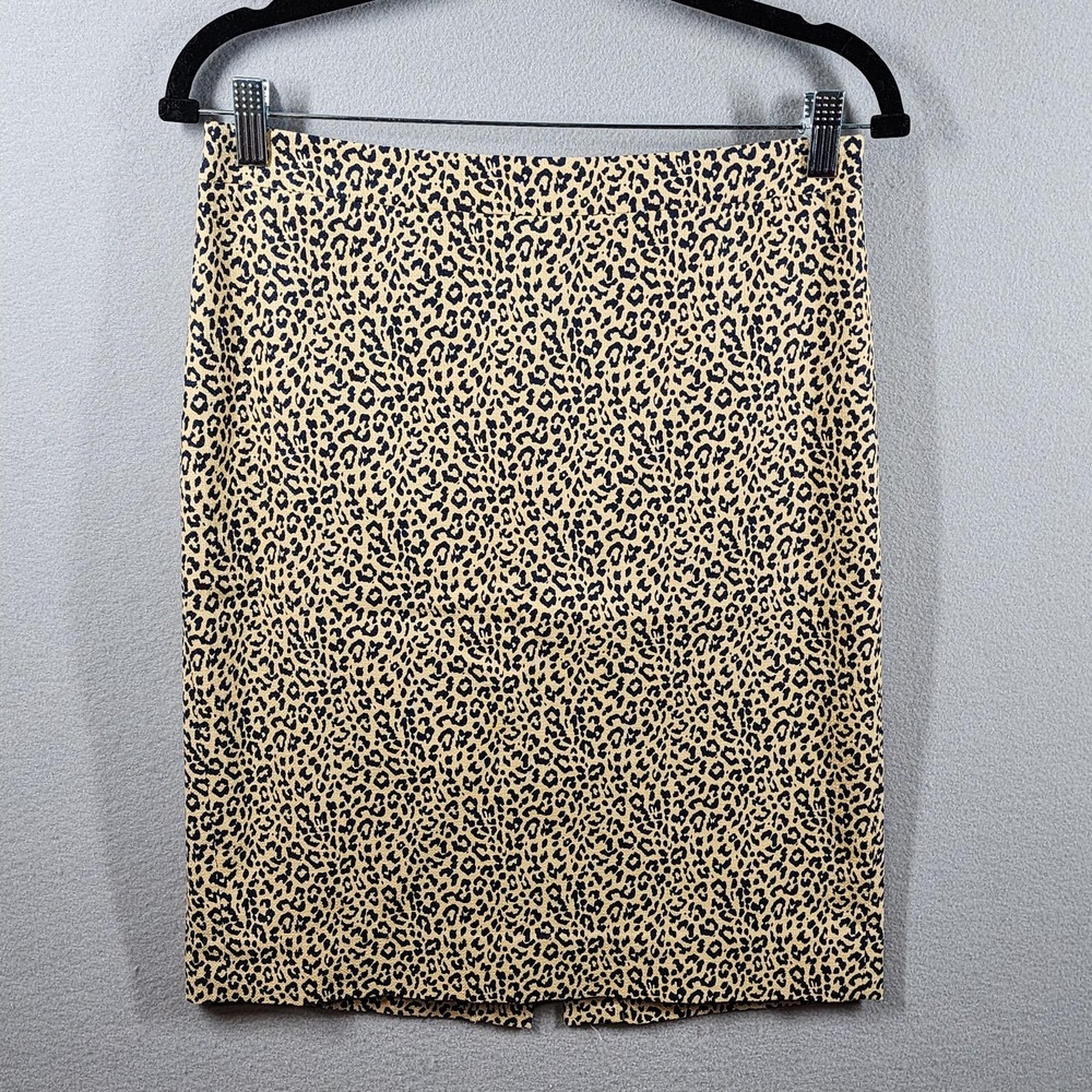 J.Crew Skirt Womens 2 Tan Black Leopard Print Pencil Lined Back Zip Cotton Midi